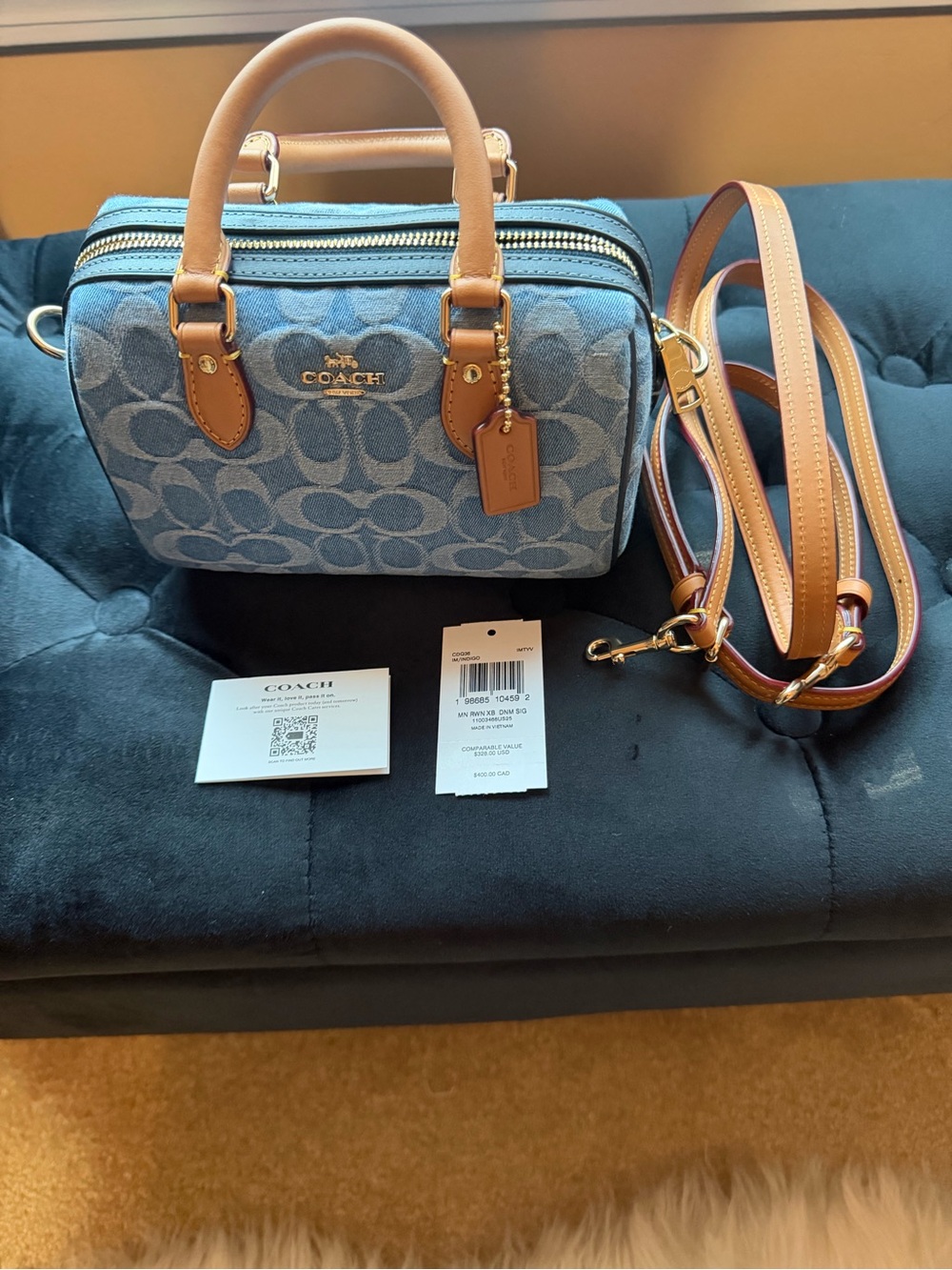 Coach Blue Signature Denim Crossbody Satchel with Tan Leather Trim